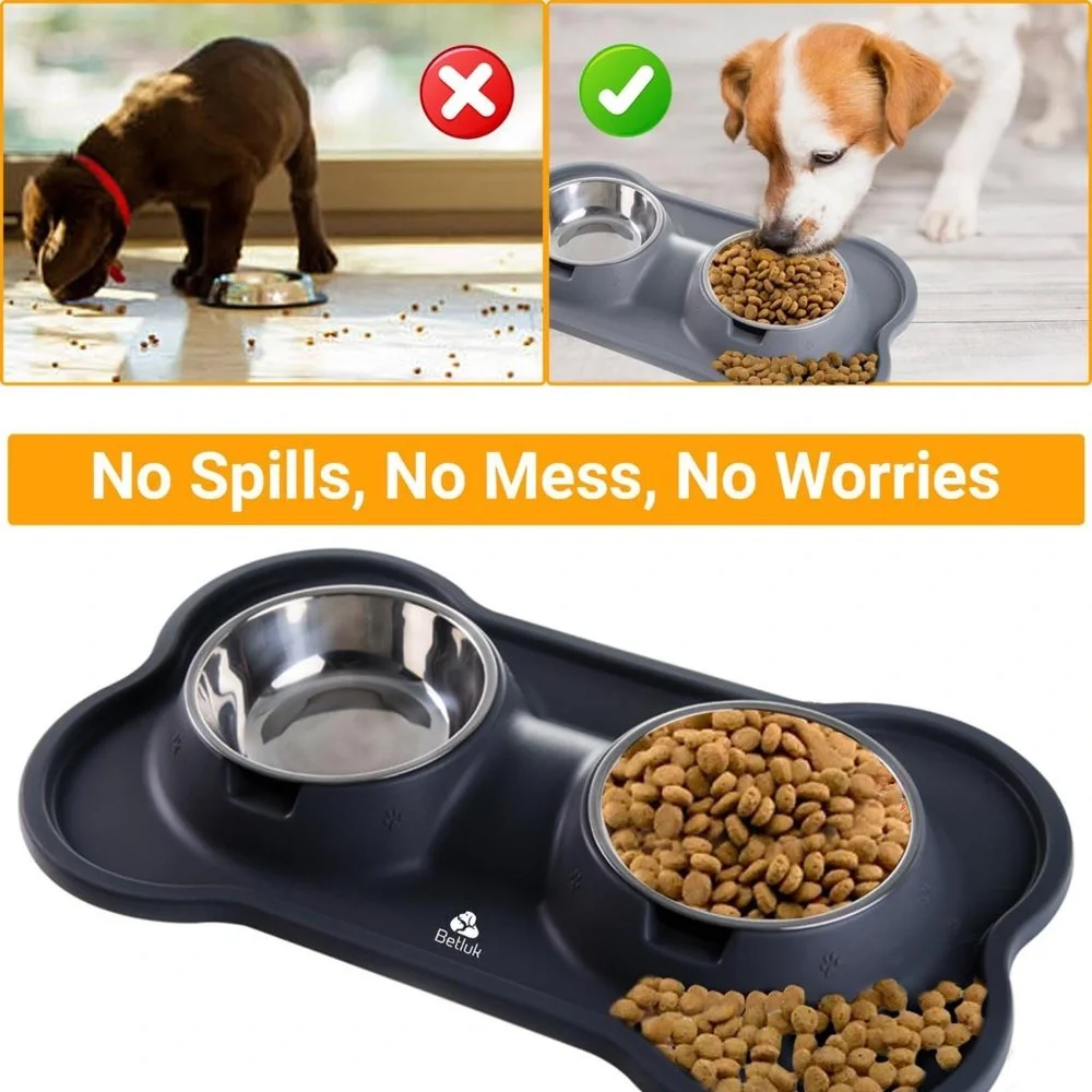 Pet Dog Cat Double Bowl Water Feeder Stainless Steel large Food Drinking Dishes